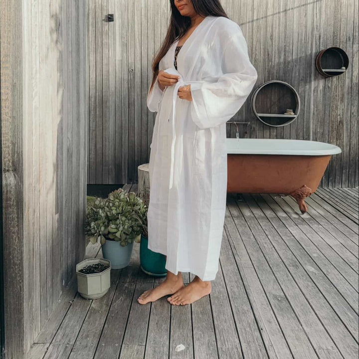 White Linen Bathrobe - Extra Length - Bathrobe