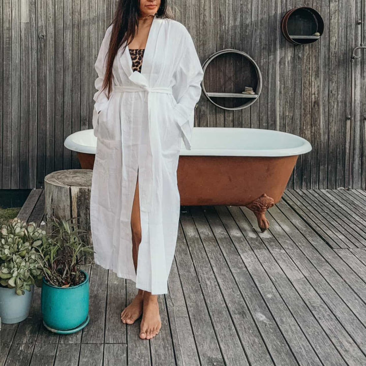 White Linen Bathrobe - Extra Length - Bathrobe