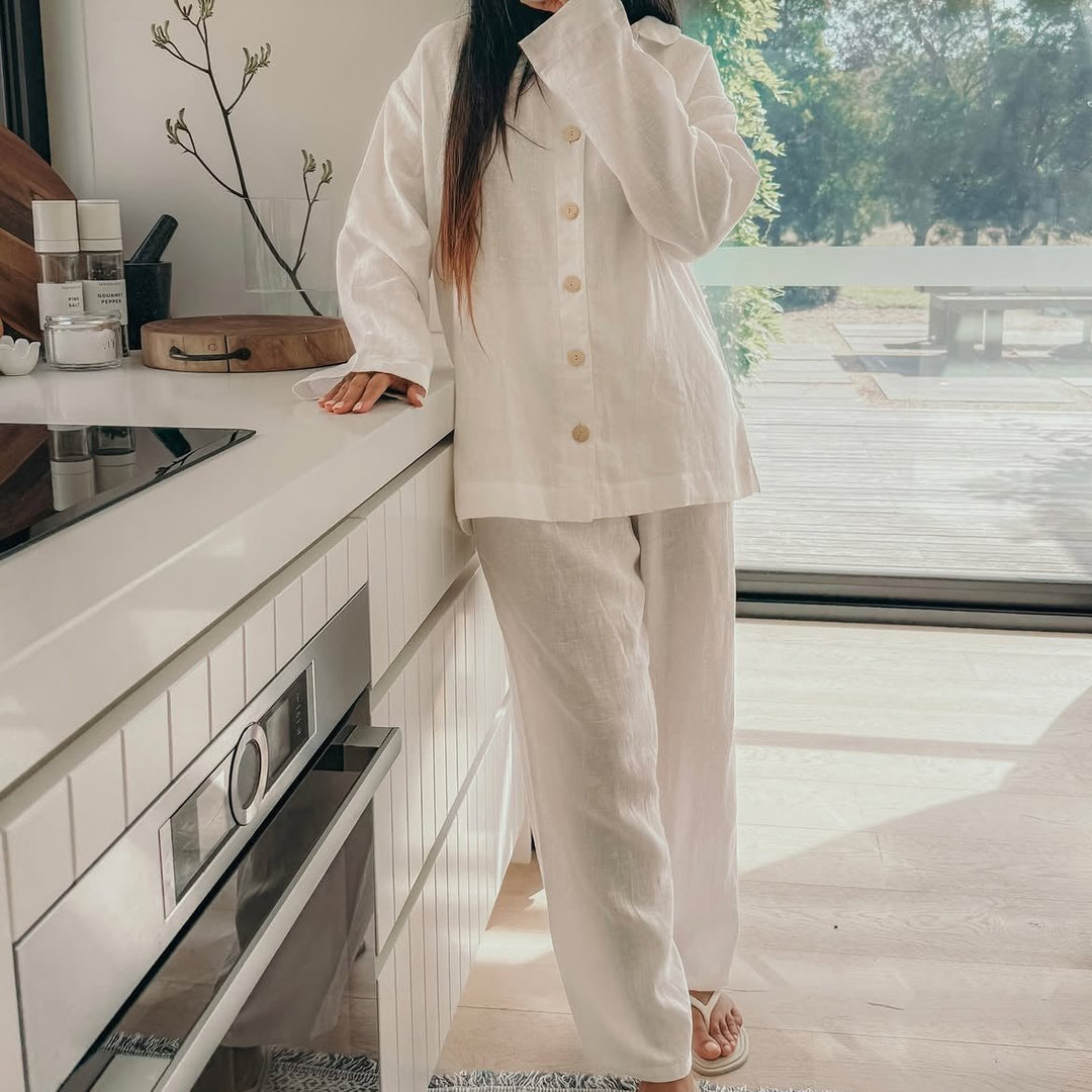 White Linen Pyjamas - Classic PJ Set-Pyjamas-Jade and May Sleepwear