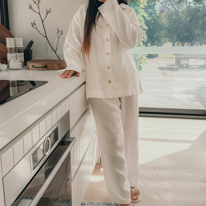 White Linen Pyjamas - Classic PJ Set-Pyjamas-Jade and May Sleepwear