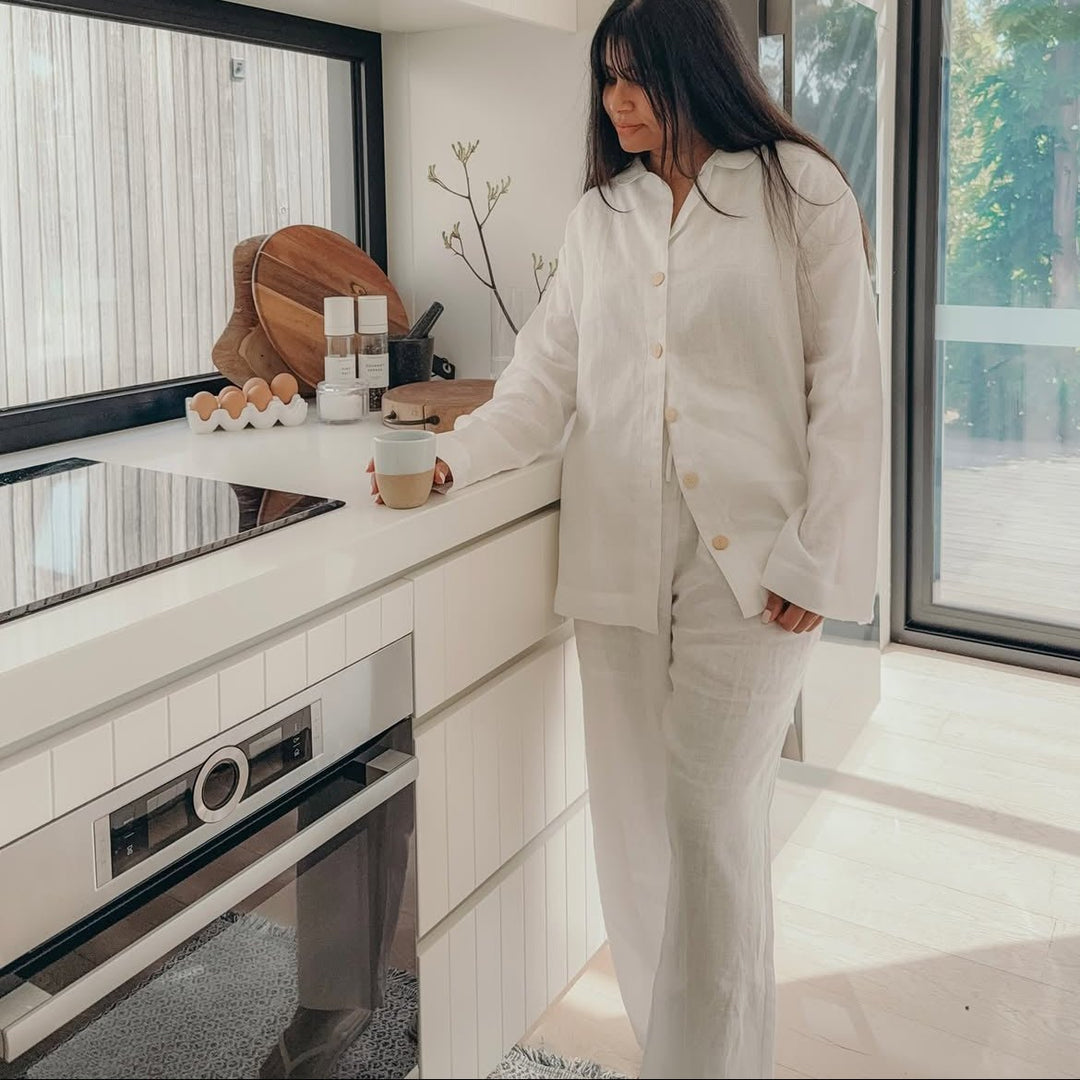 White Linen Pyjamas - Classic PJ Set-Pyjamas-Jade and May Sleepwear
