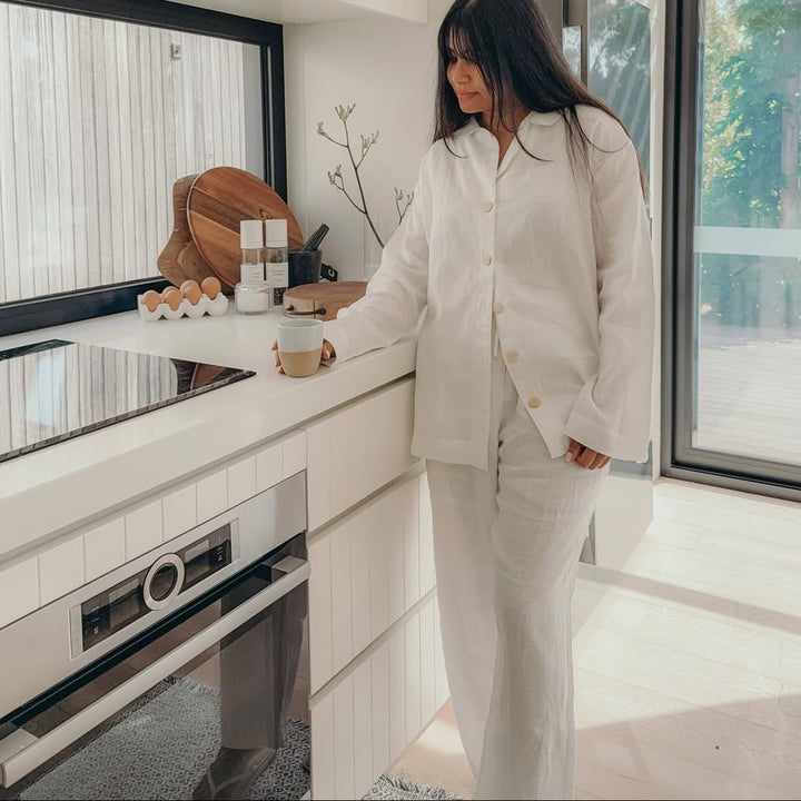 White Linen Pyjamas - Classic PJ Set-Pyjamas-Jade and May Sleepwear