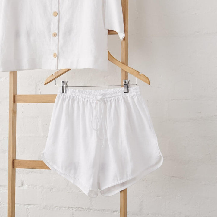 White Linen Pyjamas - Relaxed Button Up & Short Set - close up of white linen shorts