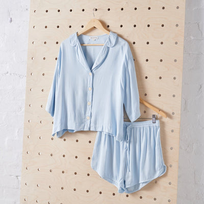 Bamboo Pyjamas - Crop Button Up + Short PJ Set in Baby Blue-Jade and May-Pyjamas-Jade and May