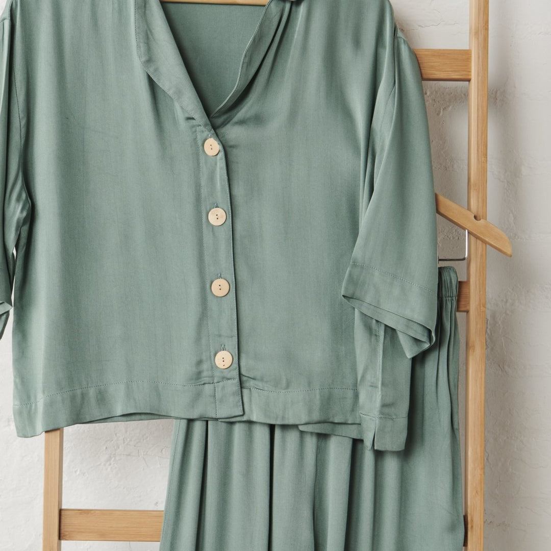 Bamboo Satin Crop Button Up + Pant Set - Sage Green | Jade and May-Jade and May-Pajamas-Jade and May