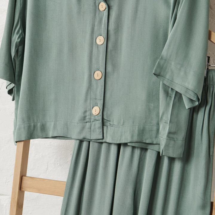 Bamboo Satin Crop Button Up + Pant Set - Sage Green | Jade and May-Jade and May-Pajamas-Jade and May