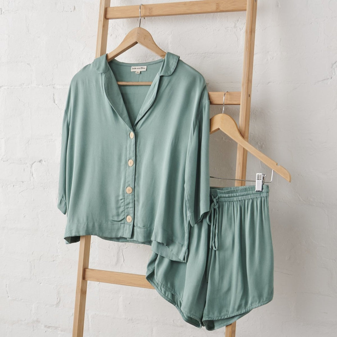 Bamboo Pyjamas - Crop Button Up + Short PJ Set in Sage Green-Jade and May-Pyjamas-Jade and May