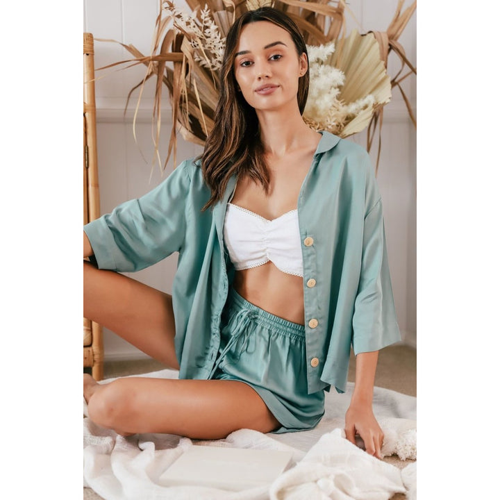 Bamboo Pyjamas - Crop Button Up + Short PJ Set in Sage Green-Jade and May-Pyjamas-Jade and May