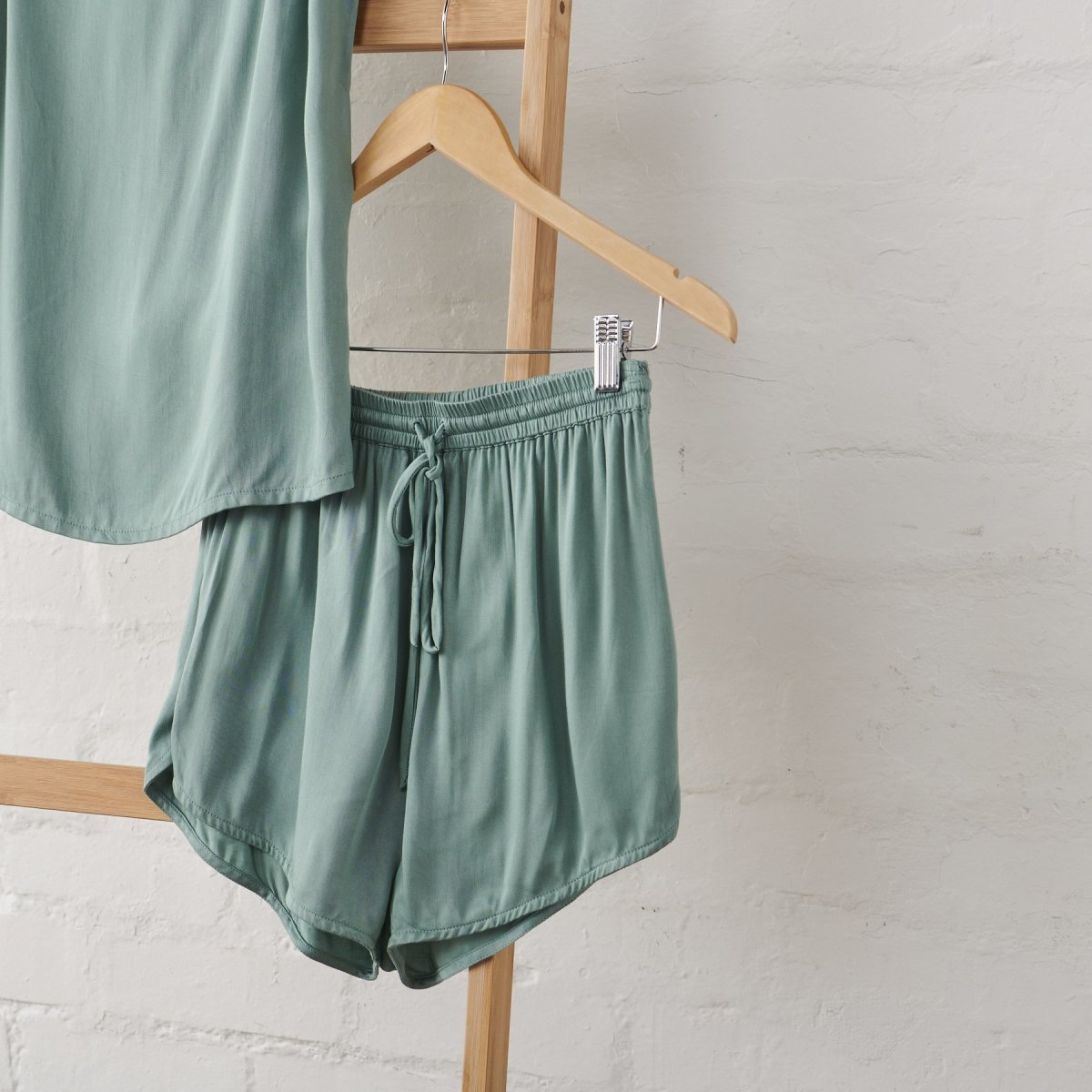 Bamboo Pyjamas - Crop Button Up + Short PJ Set in Sage Green-Jade and May-Pyjamas-Jade and May