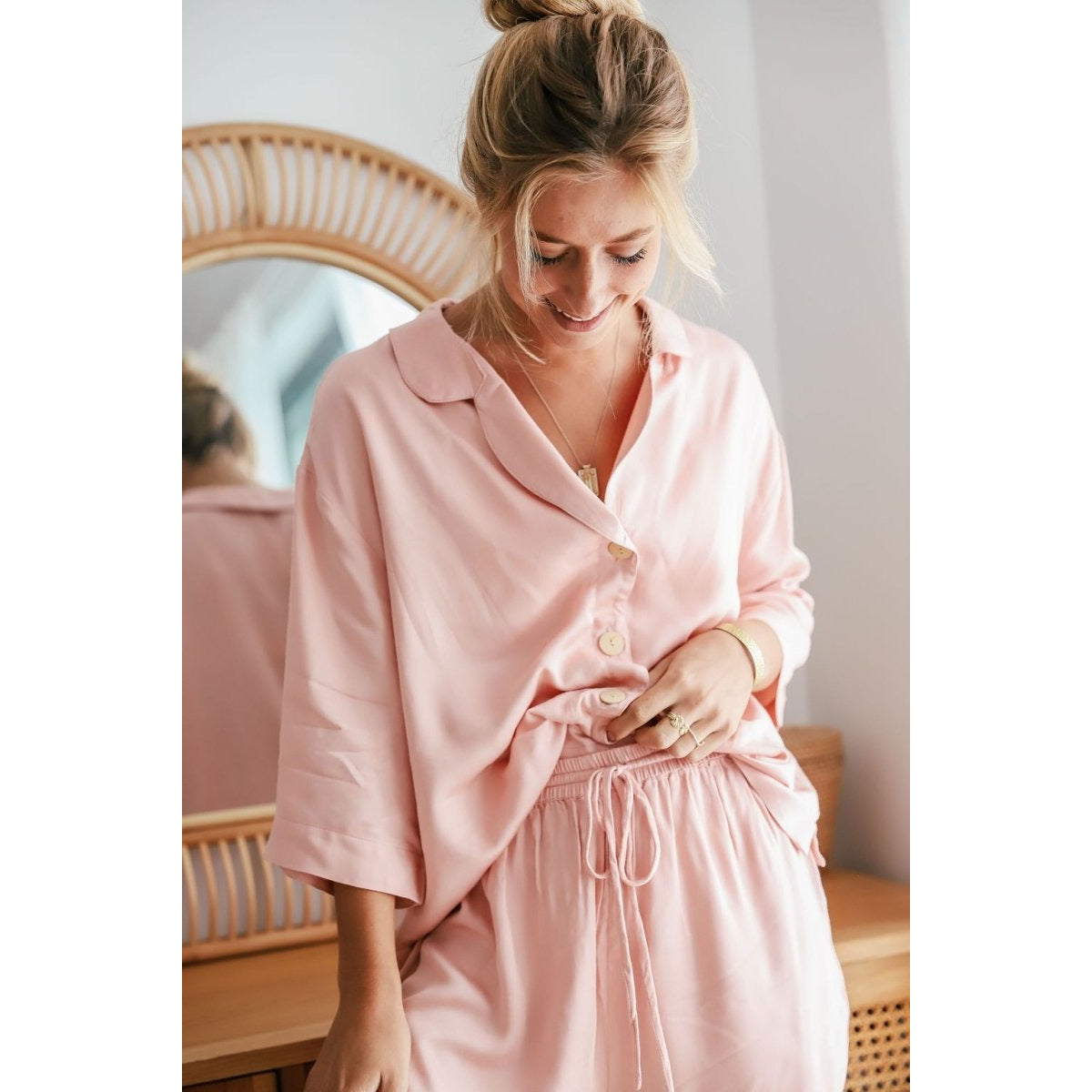 Bamboo Pyjamas - Crop Button Up + Short PJ Set in Pink-Jade and May-Pyjamas-Jade and May