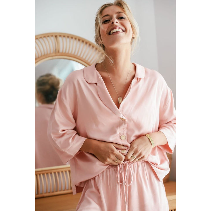 Bamboo Pyjamas - Crop Button Up + Short PJ Set in Pink-Jade and May-Pyjamas-Jade and May