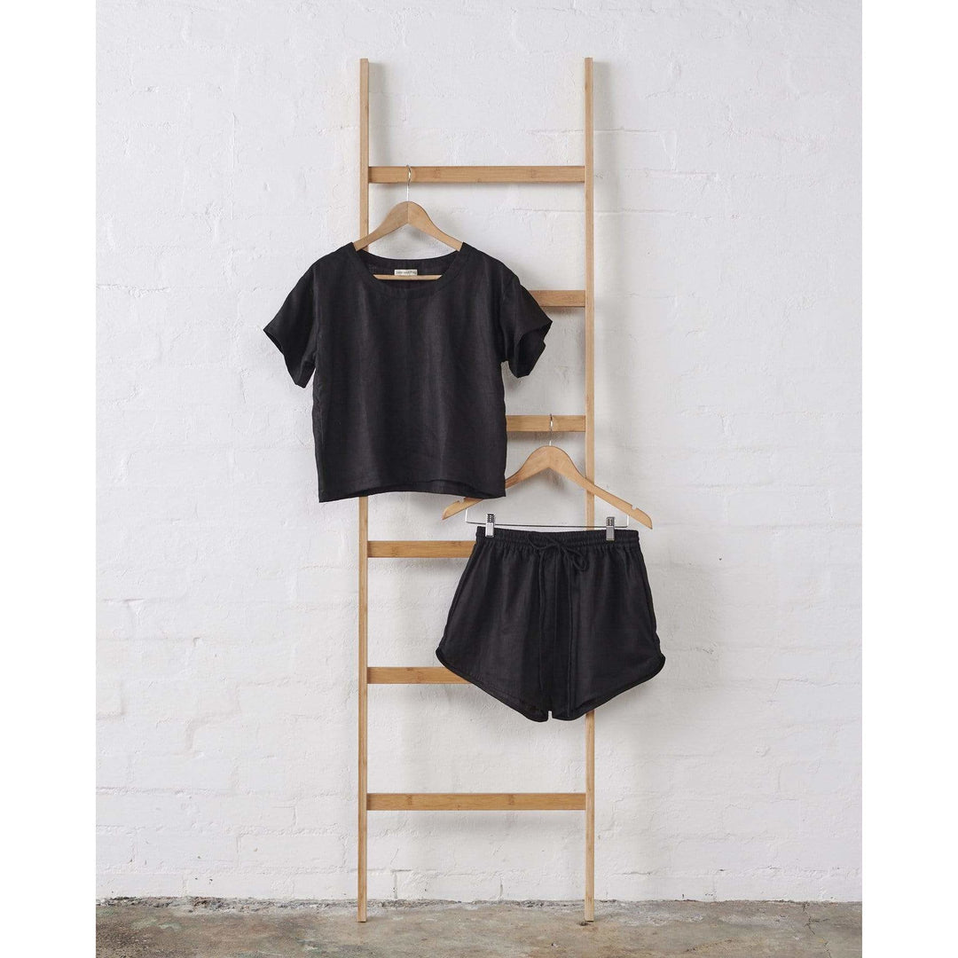 Black Boxy Tee and Short Linen PJ Set-Jade and May-Pajamas-Jade and May