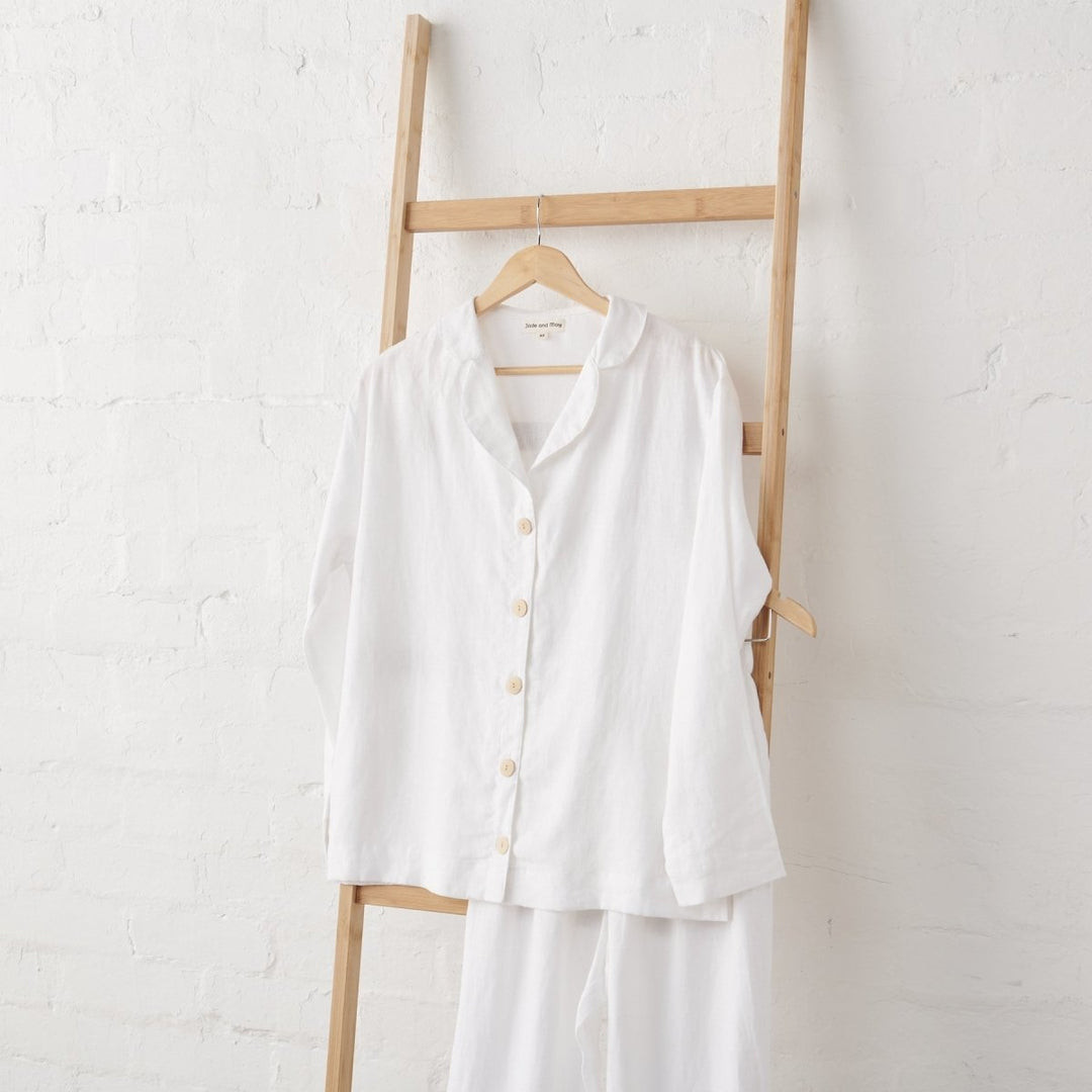 Classic Linen Pyjama Set - White-Jade and May-Pyjamas-Jade and May
