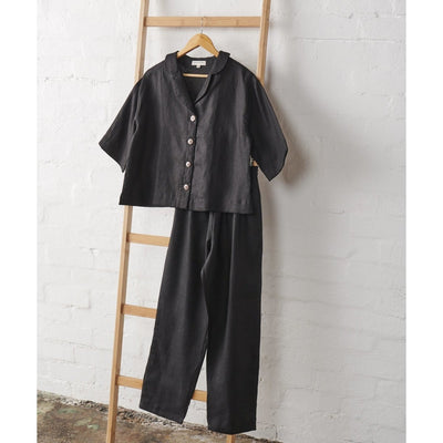 Crop Button Up and Pant Linen Pyjama set - Black-Jade and May-Pajamas-Jade and May