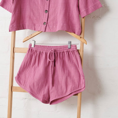 Double Cotton Gauze Crop Button Up + Short PJ Set - Fuchsia | Jade and May-Jade and May-Pyjamas-Jade and May