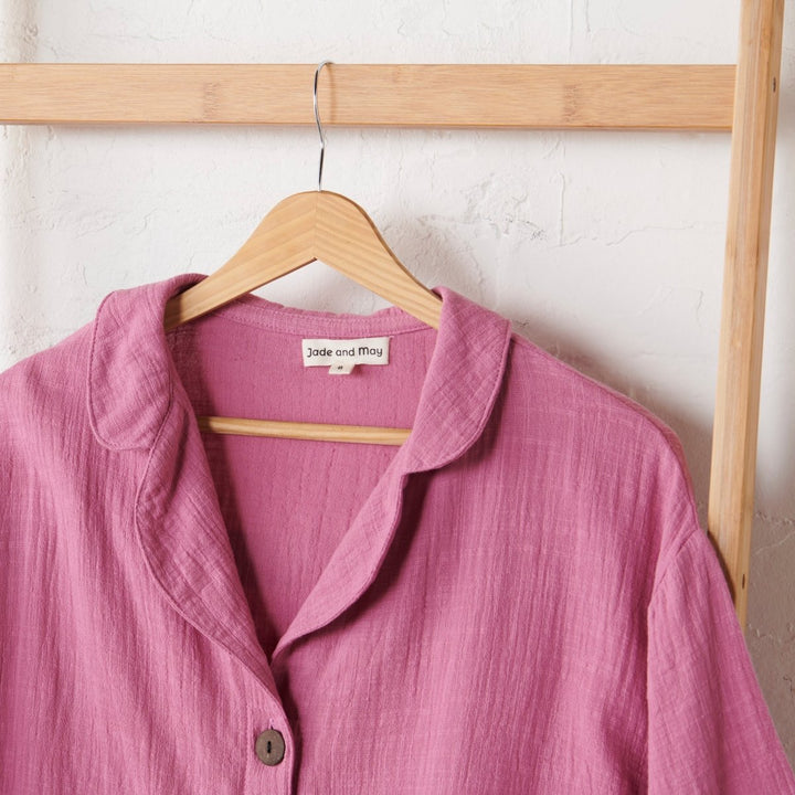 Double Cotton Gauze Crop Button Up + Short PJ Set - Fuchsia | Jade and May-Jade and May-Pyjamas-Jade and May