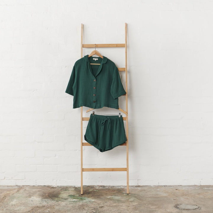 Cotton Crop Button Up + Short PJ Set - Hunter Green-Jade and May-Pyjamas-Jade and May