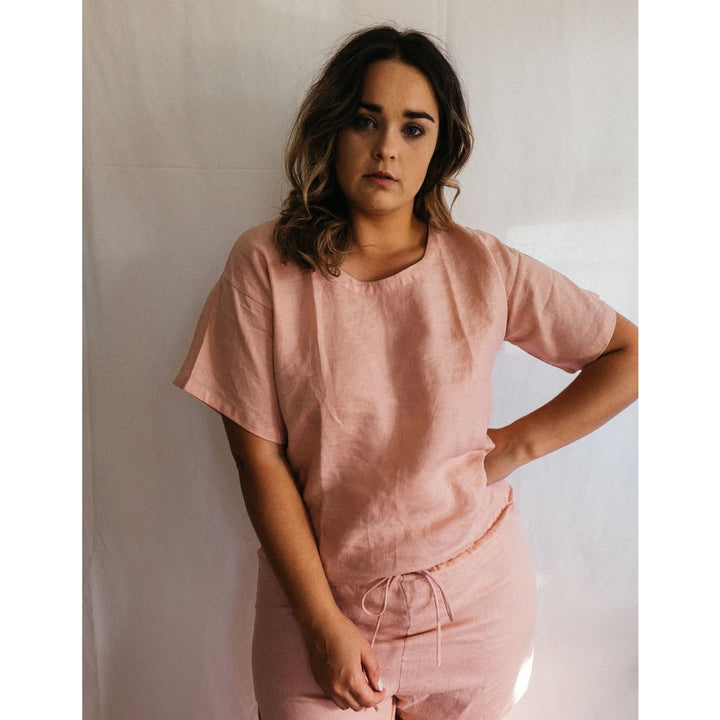 Linen Boxy Tee & Short Set - Pink-Jade and May-Pyjamas-Jade and May