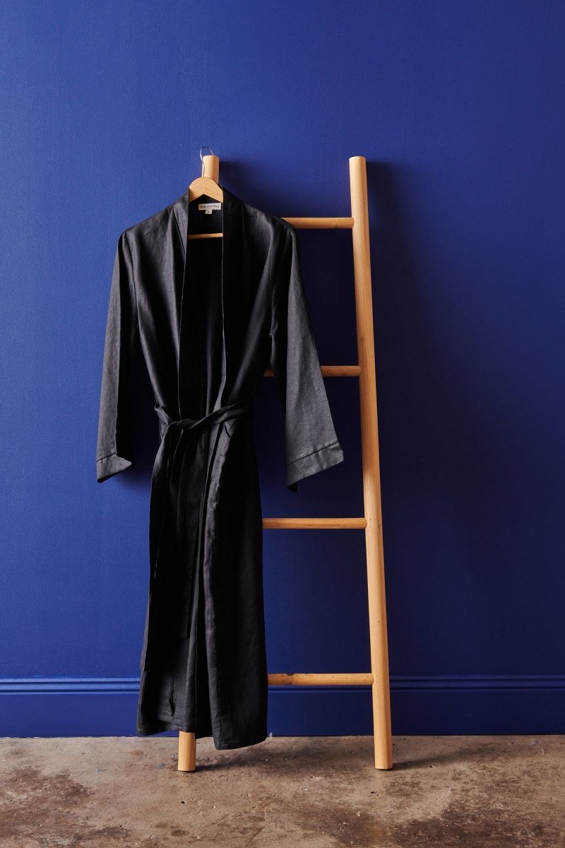 Linen Bathrobe - Black (Long)-Jade and May-Bathrobe-Jade and May