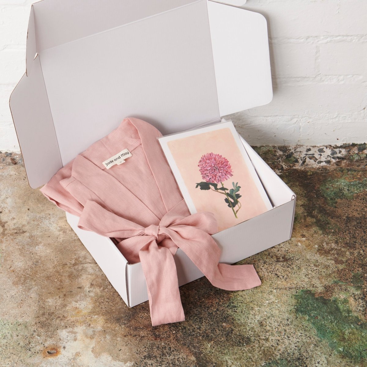 Linen Bathrobe & Chrysanthemum Print Gift Box in Pink-Jade and May x Kerrie Knuckey Art-Gift Box-Jade and May