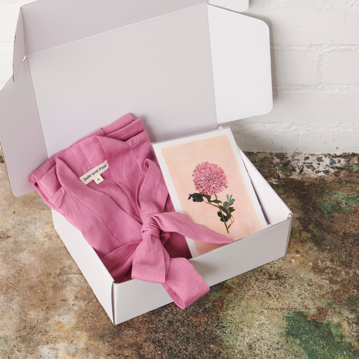 Linen Bathrobe & Chrysanthemum Print Gift Box - Fuchsia | Jade and May X Kerrie Knuckey Art Collaboration
