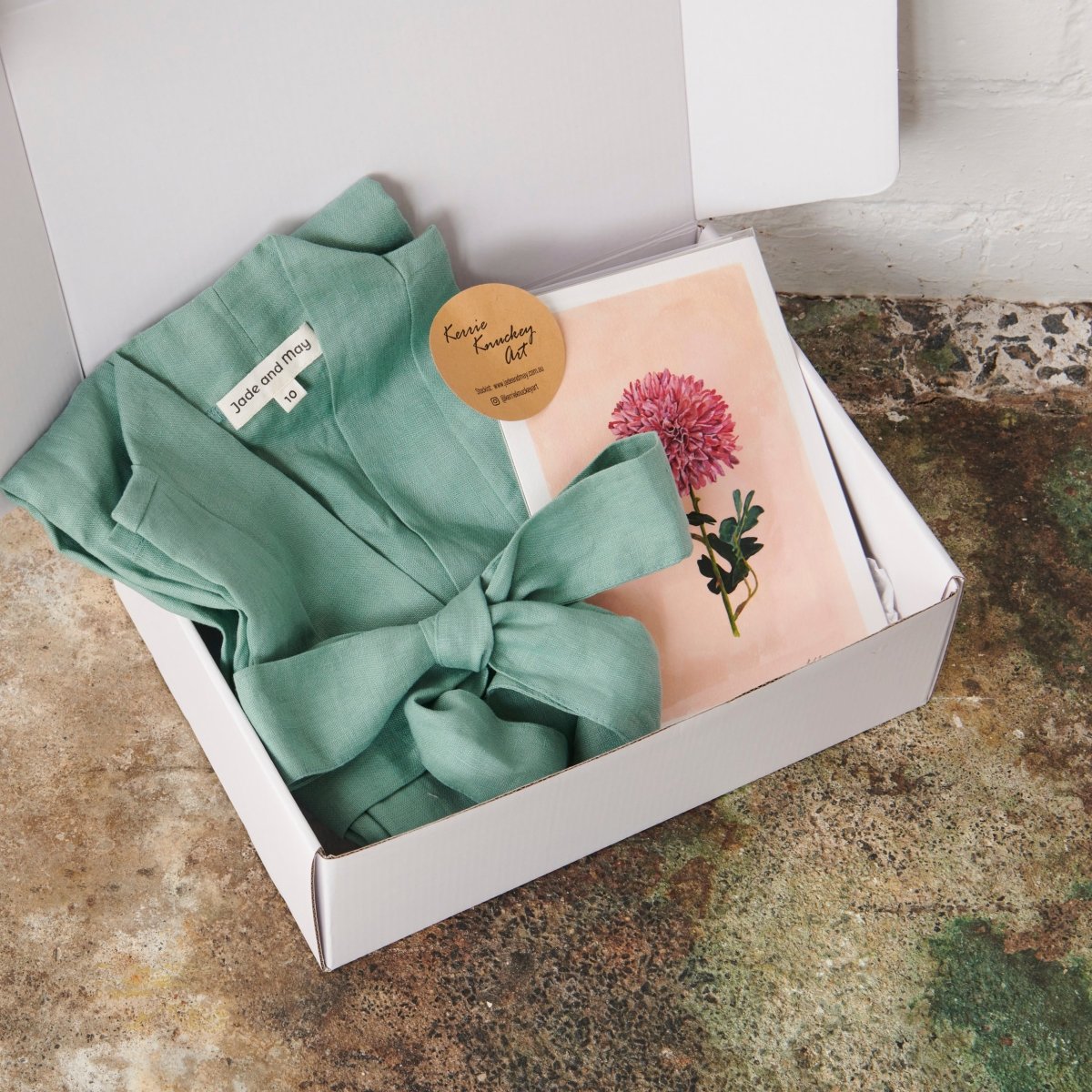 Linen Bathrobe & Chrysanthemum Print Gift Box - Sage Green-Jade and May x Kerrie Knuckey Art-Gift Box-Jade and May