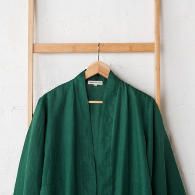 Linen Bathrobe - Emerald Green (Long)-Jade and May-Bathrobe-Jade and May