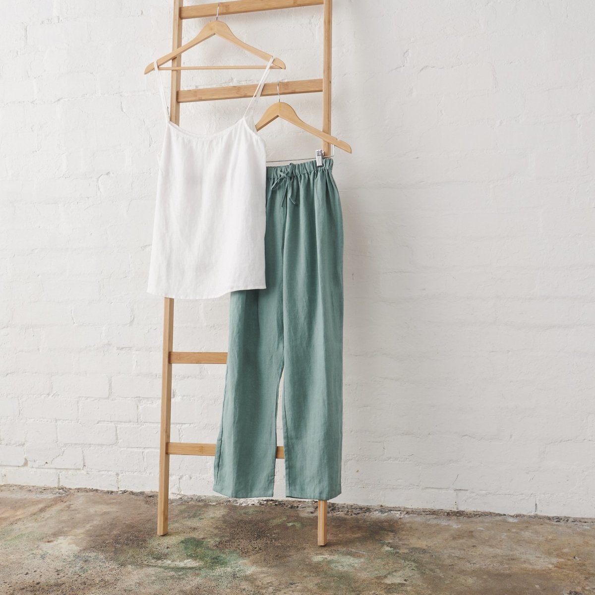 Linen Cami & Pant PJ Set - Extra Length | White and Sage Green-Jade and May-Pajamas-Jade and May