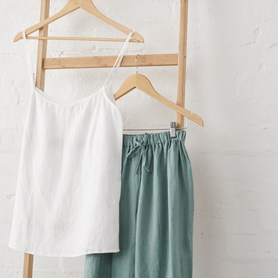 Linen Cami and Pant PJ Set - White and Sage Green-Jade and May-Pyjamas-Jade and May