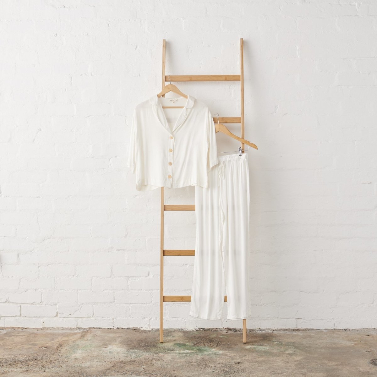 Bamboo Satin Crop Button Up + Pant PJ Set - White-Jade and May-Pyjamas-Jade and May