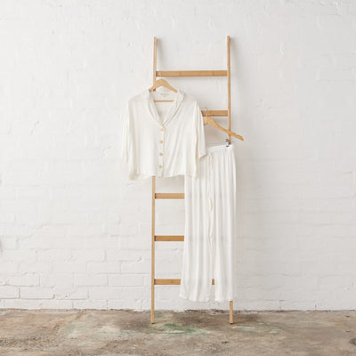 Bamboo Satin Crop Button Up + Pant PJ Set - White-Jade and May-Pyjamas-Jade and May