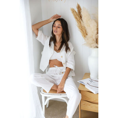 White Linen Crop Button Up & Pant PJ set | Jade and May-Jade and May-Pyjamas-Jade and May