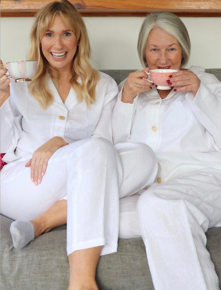 White Linen Pyjama Set - Classic Style-Jade and May-Pyjamas-Jade and May